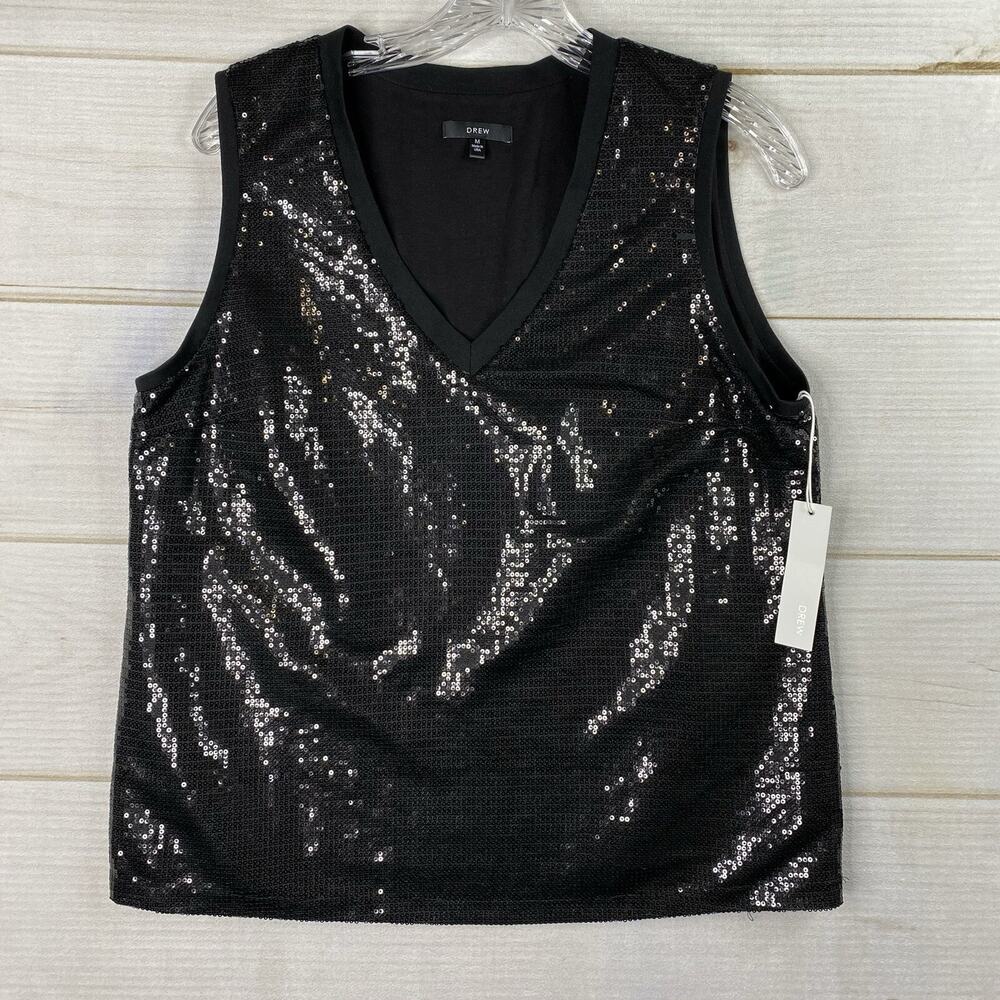 Drew Womens Top Sz M Black All Over Sequins Sleeveless V Neck Lined Stretch NWT